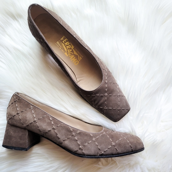 Salvatore Ferragamo Shoes - Ferragamo Suede Quilted Block Heel Pumps